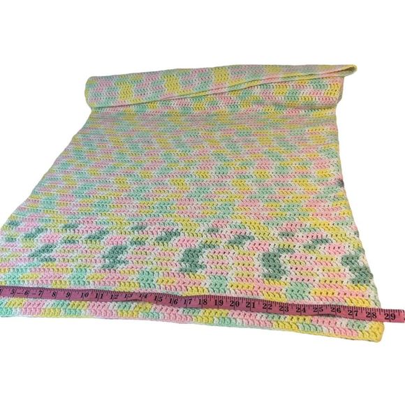 Handmade Hand Crotchet Baby Blanket Pastels Pink Yellow Green White 56” X 40” - Picture 2 of 5